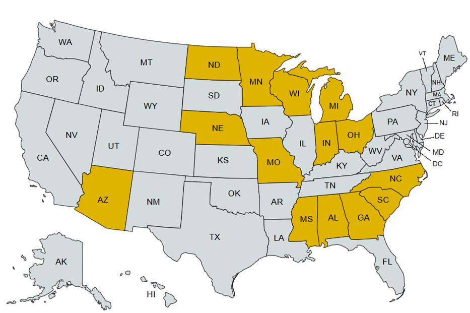 Map of United States showing Allied Electric's licensed states highlighted in yellow