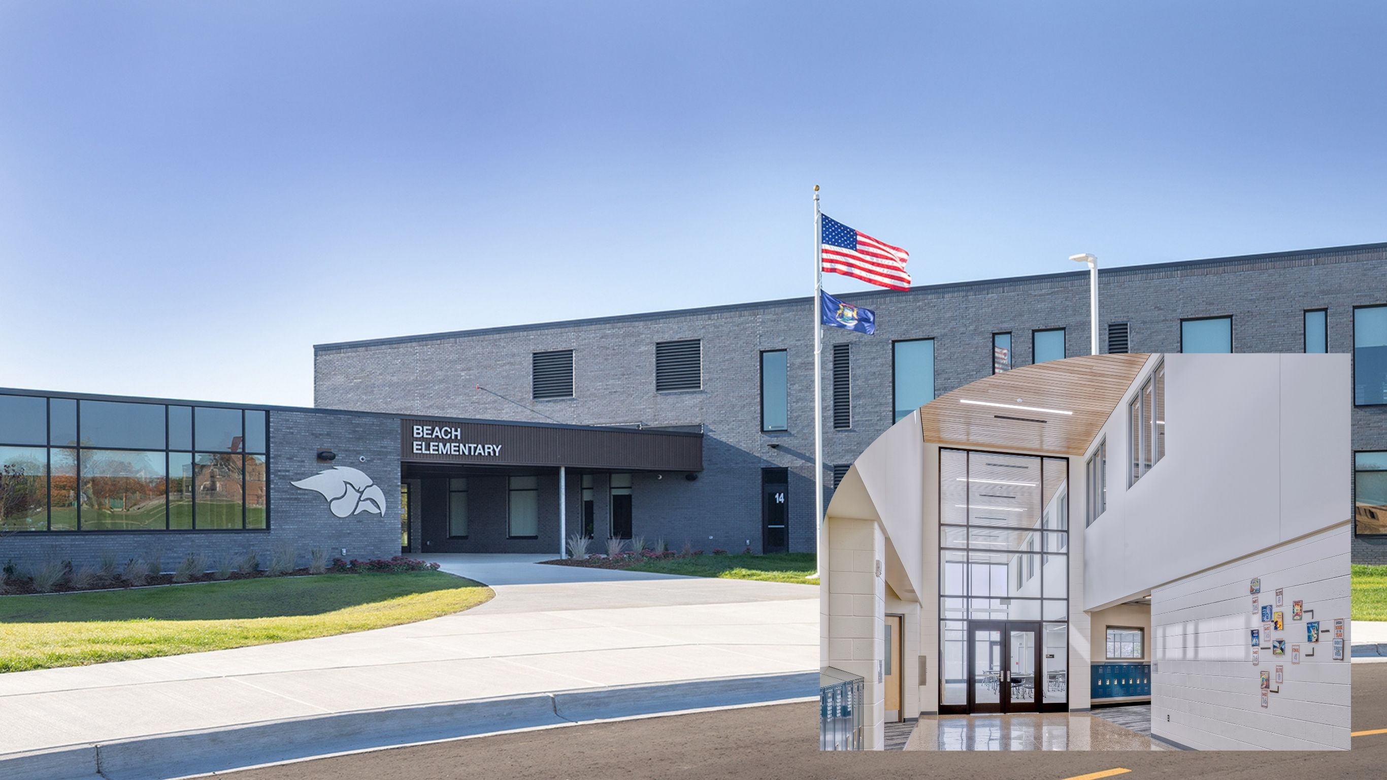Beach Elementary School exterior and interior lobby