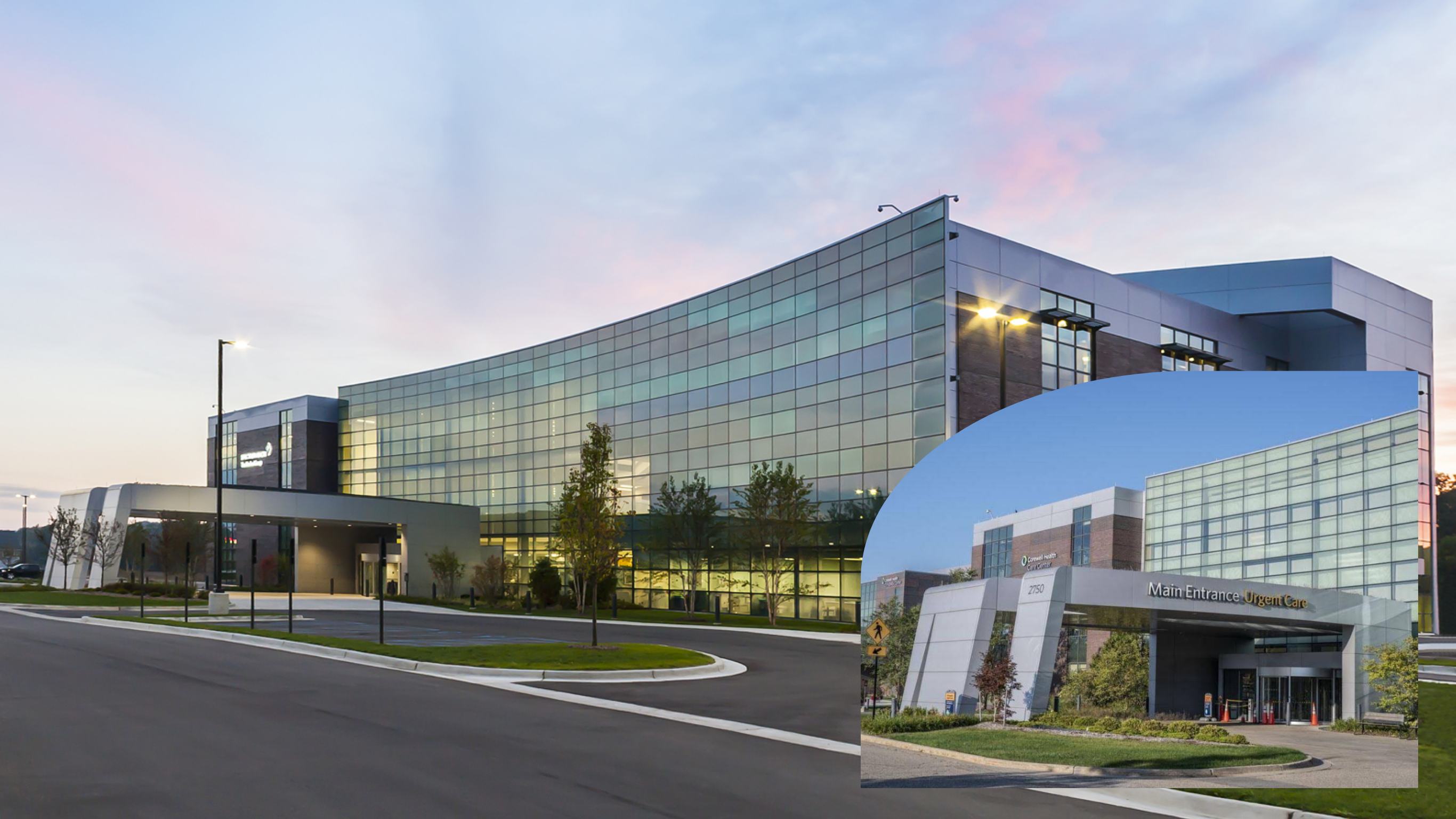 Corewell ICC medical care facility exterior at dusk