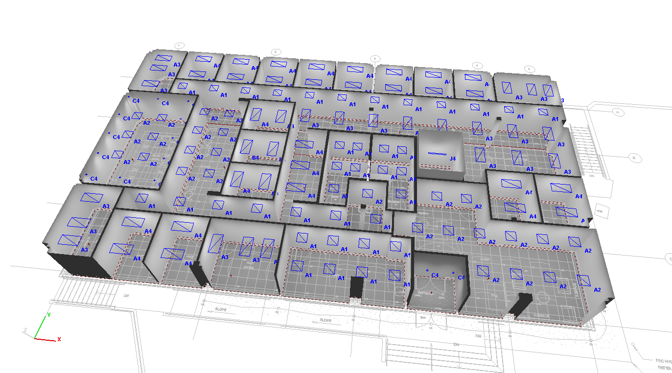 3D architectural rendering showing detailed electrical engineering design with zone layouts and connection pathways for commercial building project